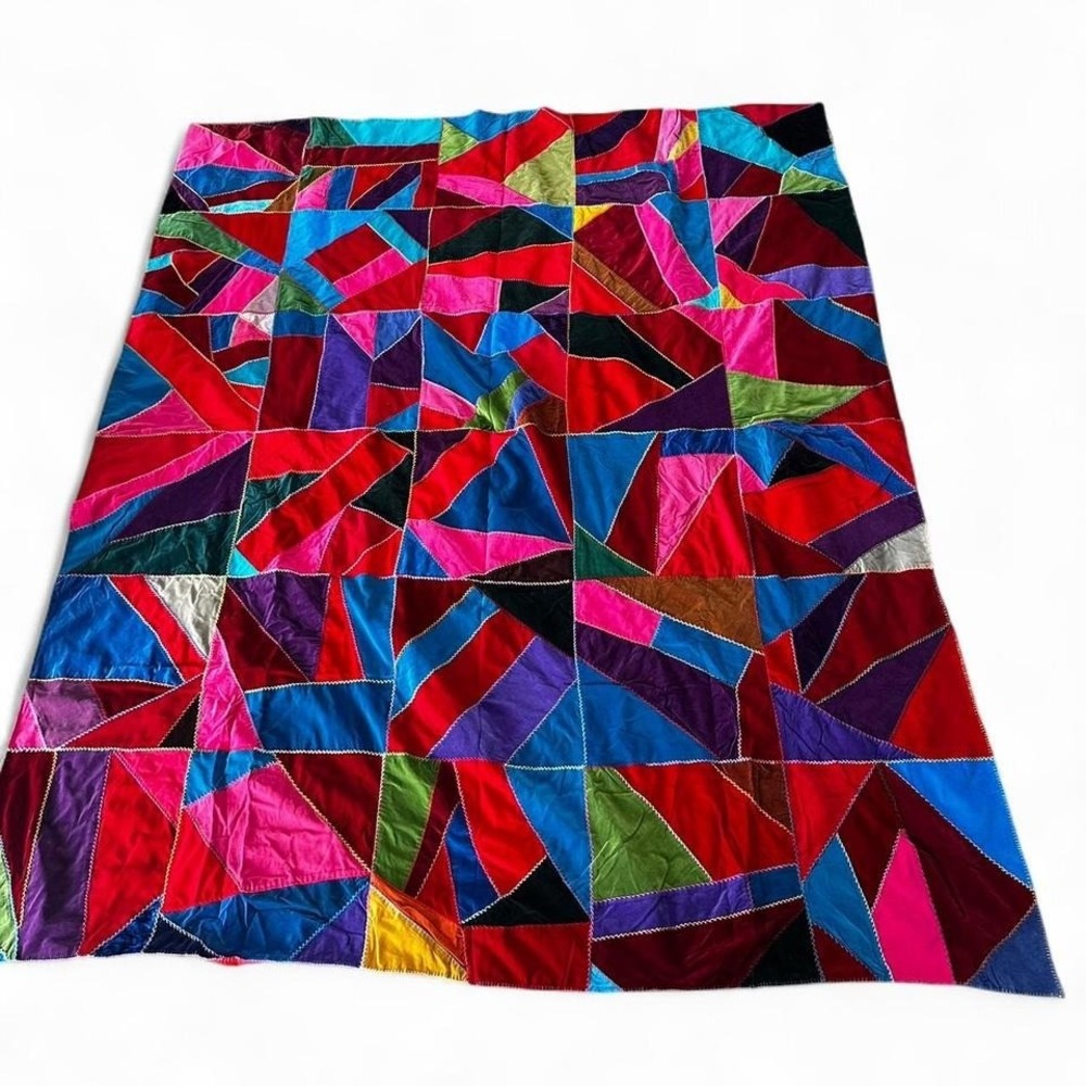 Vintage 1969 Velvet‎ Patchwork Hippie Boho multicolor handmade Quilt 96x78